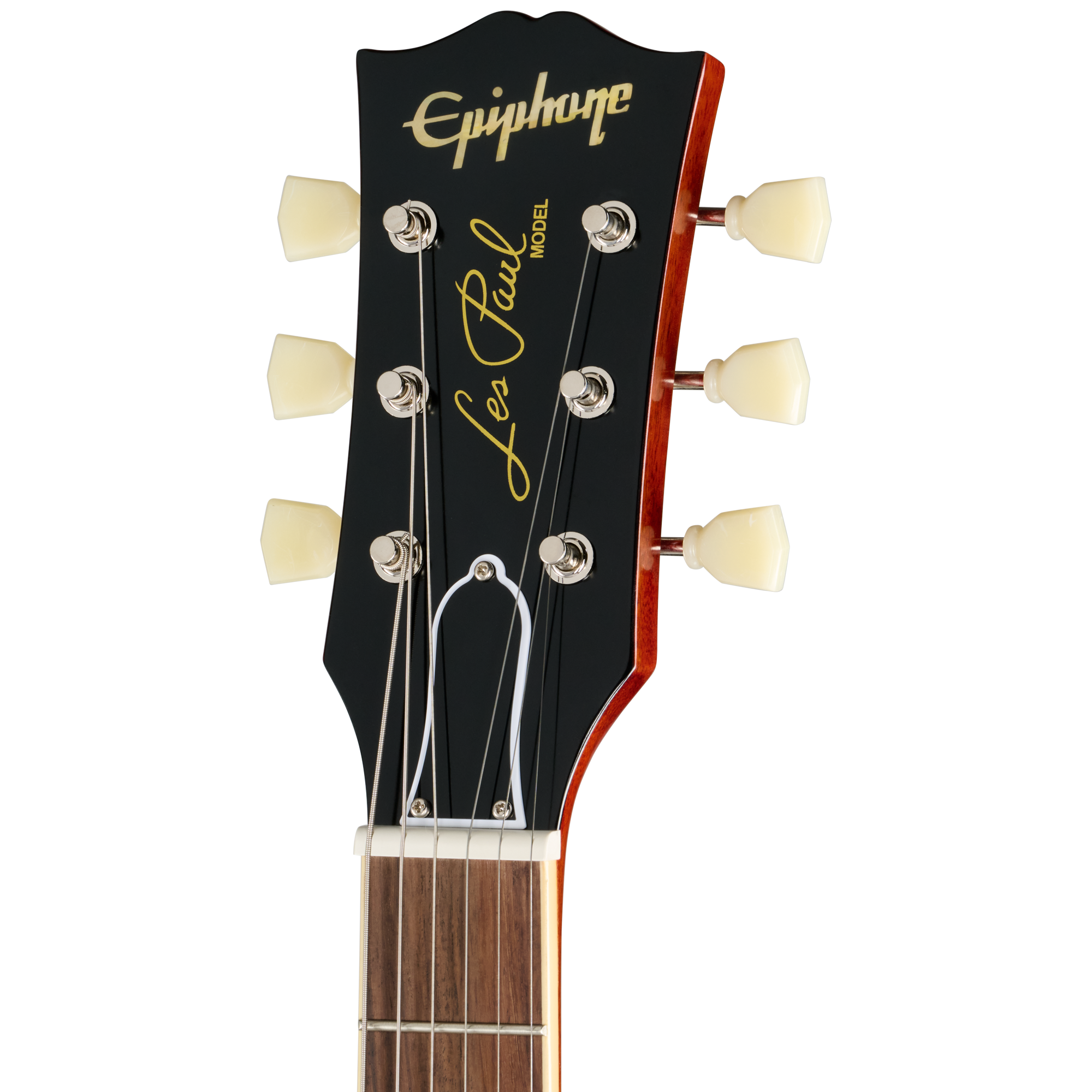 Gitarrenkopfplatte, schwarzes Finish, Mahagonihals, sechs Saiten, Cremefarbene Mechaniken